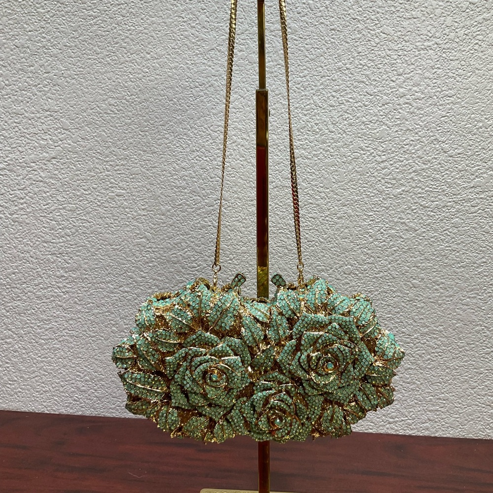 Crystal‎ Flower Aqua Marine Clutch Evening Bag - Picture 8 of 14